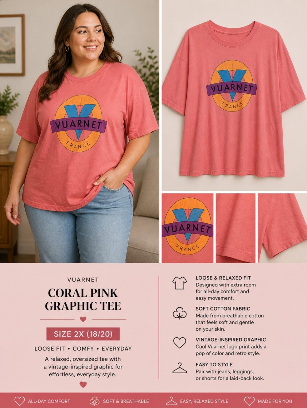 Vuarnet Coral Pink Graphic Short-Sleeve Tee 2X 18/20 Loose Fit Cotten Oversize